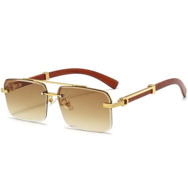 Imagem de PORADAY Óculos de sol sem aro para homens e mulheres vintage retangular óculos de sol modernos sem moldura quadrados matizados, Marrom gradiente A1, MM