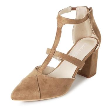 Imagem de J. Adams Michelle Sapato social feminino com salto grosso bico fino e tira em T - escarpin de camurça elegante para escritório e festa, Camurça Vegana Taupe, 38