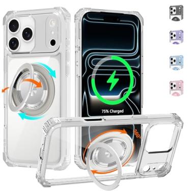 Imagem de WPCase Capa transparente para iPhone 17 Pro com suporte [compatível com MagSafe], capa resistente de grau militar com suporte magnético giratório 360 para mulheres e homens, transparente