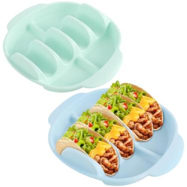 Imagem de 2 placas de silicone para festas, micro-ondas e lava-louças, suportes versáteis para tacos de amido de milho com áreas de imersão e alças, para 4 tacos para noite de taco e terça-feira de tacos