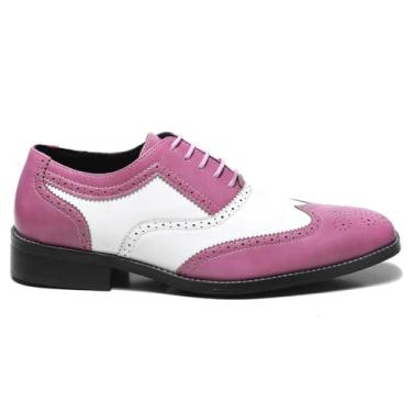Imagem de Metrocharm Sapato social masculino Oxford em dois tons, couro sintético, estilo brogue, design com cadarço para uso formal, MC118, Rosa, branco, 42