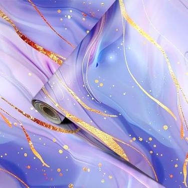 Imagem de HOMETITUTE Papel de parede de mármore dourado azul roxo descascar e colar arte fluida abstrata papel de contato autoadesivo removível papel de parede de vinil para paredes, bancadas, armários, móveis