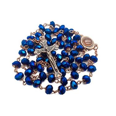 Imagem de Nazareth Store Colar de rosário com contas de cristal azul profundo oração católica Jerusalém solo sagrado medalha cruz antiga rosários religiosos coleção de contas