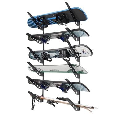 Imagem de JUSTOOP 6 suportes de parede para snowboard de prancha, rack de armazenamento ajustável para esqui, prancha de surf, wakeboard, suporte de parede de snowboard, preto