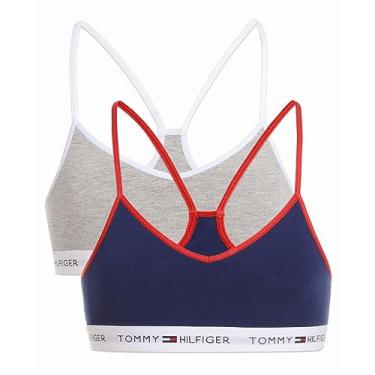 Imagem de Tommy Hilfiger Sutiã esportivo cropped para meninas (pacote com 2), alças nadador e cintura elástica macia, algodão e elastano, Bandeira azul, 05 g, 6-7