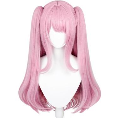 Imagem de Peruca meio a meio rosa com rabo de cavalo longo encaracolado para mul