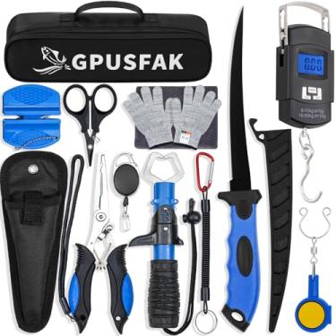 Imagem de GPUSFAK Kit de ferramentas de pesca, 12 peças de equipamento de pesca, alicate de pesca com cordão, faca de filete, prendedor de lábio de peixe, nó de anzol de pesca no gelo, luvas anticorte, azul