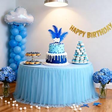 Imagem de Saia de mesa azul 2 em 1 de tule de 122 cm para mesa redonda de 1,2 m – capa elástica de elastano, leve e elegante com babados, resistente a rugas – para casamento, aniversário, chá de bebê e