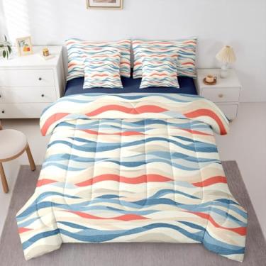 Imagem de Erosebridal Conjunto de edredom geométrico com lençol de solteiro, tecido marítimo, 7 peças, para crianças, meninos, homens, aquarela, abstrato, oceano, estética, azul, laranja, leve, em uma bolsa