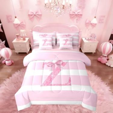 Imagem de Erosebridal Conjunto de cama casal com estampa Z com estampa de monograma, laço rosa, listras, para crianças, mulheres, decoração de quarto de crianças, mulheres, com estampa de princesa