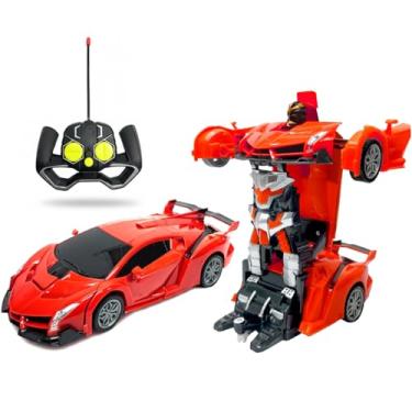 Imagem de Carrinho Robô que Vira Carro Vermelho 2 em 1 com Controle Sem Fio Recarregável de Brinquedo