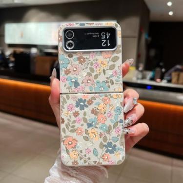 Imagem de Capa dobrável de TPU com textura de couro estampado com flores pequenas para Samsung Galaxy Z Flip6 (para Samsung Galaxy Z Flip6/A677 bege e branco)