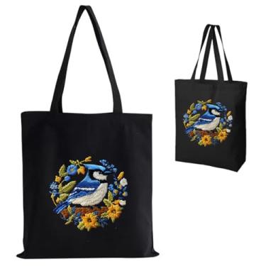 Imagem de Kit de sacola de bordado para iniciantes, sacola de compras de lona bordada à mão com aro, fio dental e acessórios, presente ecológico reutilizável para mulheres e adultos (pássaro, preto)
