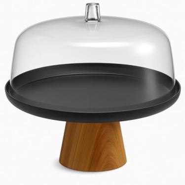 Imagem de Boleira com Cúpula e Base em Bambu, Com Tampa Transparente, para Bolos Tortas Doces Sobremesas, Base Resistente, Design Elegante, Proteção, Decoração Bancada Cozinha Mesa (Preto)