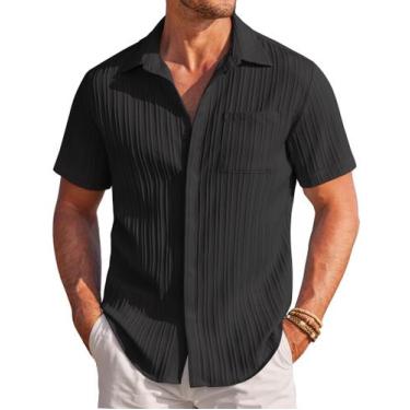 Imagem de Camisa masculina COOFANDY, casual de praia, manga curta, linho preto