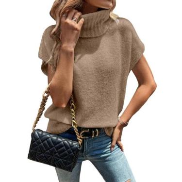 Imagem de Colete de suéter WDIRARA, malha cáqui feminina de gola alta