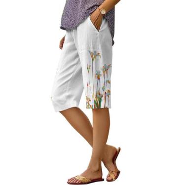 Imagem de Bermuda DMOYALA com estampa floral de linho, cintura alta, 2GG, branco