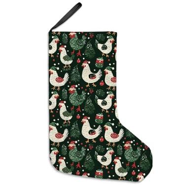 Imagem de uinwk Meias de árvore de Natal de galinha verde escuro de 40,6 cm, chapéu de Papai Noel engraçado, meias de Natal de galo rústico para casa de fazenda, decoração de Natal