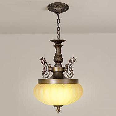 Imagem de YQSLQZZ Lustre vintage europeu de bronze antigo, luz de teto semi embutida ajustável em altura, luminária pendente de vidro para sala de estar de fazenda industrial, luz E27*3