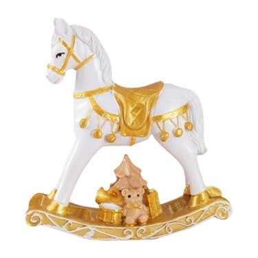 Imagem de MotiveTech Pequeno cavalo de balanço de Natal, decoração em miniatura, estátua de animal para lareira de ano novo, aniversário, sala de estar, presente, Ouro