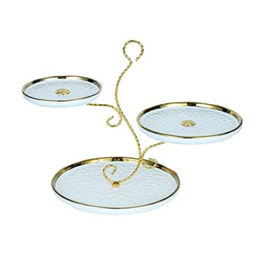 Imagem de Suporte de bolo de porcelana para sobremesa, suporte de torre de cupcake redondo de cerâmica de 3 camadas, bandeja de sobremesa, prato de aperitivo, prato de frutas, frutas