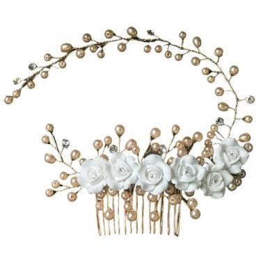 Imagem de Garfo de cabelo floral de cerâmica rosa com pérola - Acessórios de cabelo de noiva para mulheres touca de casamento (#5KC pente de ouro pérola dourada)