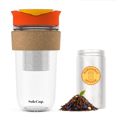 Imagem de SoleCup. Caneca de viagem grande infusor de chá solto - coador de chá removível com tampa à prova de derramamento - 530 ml sem BPA copo de café de viagem de vidro reutilizável com faixa de cortiça