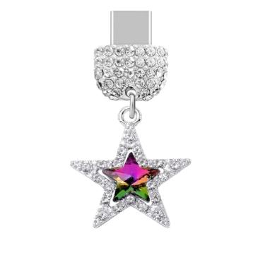 Imagem de ELISE & FONDA TP972 Tipo-C porta de carregamento cristal antipoeira pequena estrela de cristal pingente de telefone celular para iPhone 15/16/Samsung/OnePlus/Xiaomi/oppo telefones Android (verde roxo)