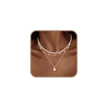 Imagem de LULII Colares de pérolas para mulheres, banhado a ouro 14 K, colar de pérola simples, margarida, pérolas, gargantilha fofa de ouro, conjuntos de joias para mulheres, presentes modernos, Small, Latão