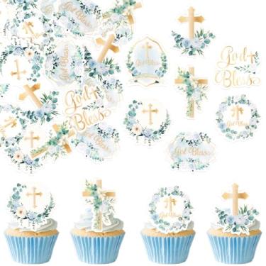 Imagem de 60 Pack Edible God Bless Religious Cupcake Toppers Cross Faith Cake Toppers Rice Paper Wafer Paper Cupcake Picks for First Holy Communion Baptism Baby Shower Kids Birthday Cake Decorations Blue