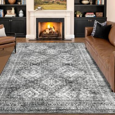 Imagem de MIULEE Tapete vintage para sala de estar 12 x 18 cm, lavável, tapete de piso baixo para quarto, sala de jantar, antiderrapante, resistente a manchas, macio para decoração de casa, preto