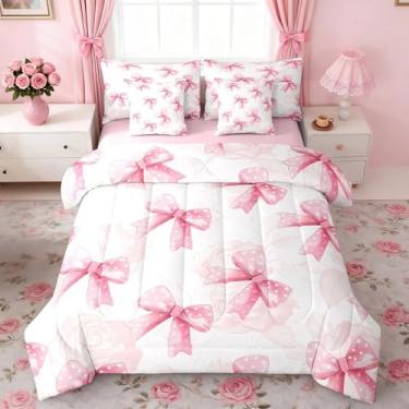 Imagem de Feelyou Conjunto de edredom infantil com laço rosa, tamanho solteiro, 7 peças, decoração de quarto de adolescentes, 7 peças