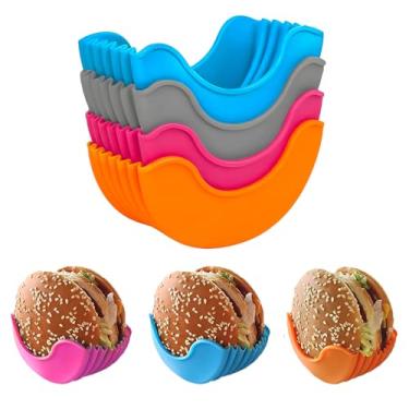 Imagem de WALWAL Bandeja de sanduíche de silicone retrátil e reutilizável de 4 peças para comer hambúrguer limpo