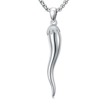 Imagem de Lattd Colar de chifre italiano prata esterlina 925 pingente cornicello cornicello joia da sorte para mulheres e homens, com corrente de aço inoxidável 56 cm + 5 cm