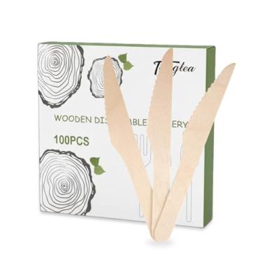 Imagem de TANGTEA - Pacote com 100 facas descartáveis de madeira - Talheres biodegradáveis para catering, eventos formais, festas, churrasco, piquenique, acampamento, viagens