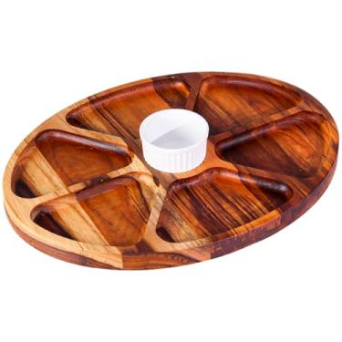 Imagem de Petisqueira Oval de Madeira Teca Premium com 6 Repartições + Ramequin (40ml) | Tábua para Frios, Petiscos e Molhos | 31,5cm x 23,5cm