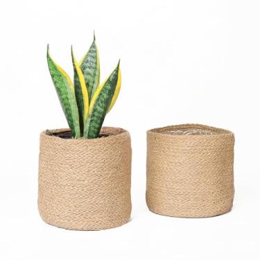 Imagem de Eco Living Capas de corda de juta para decoração de suculentas internas/externas, vasos de plantas pequenas, conjunto de 2 caixas de armazenamento multiuso de 16,5 cm - decoração de estilo moderno