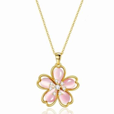 Imagem de VONSSY Colar de flor de cerejeira rosa brincos olho de gato pedra preciosa flor de cristal flora pingente Sakura corrente banhada a ouro 18 k conjunto de joias de prata presente para mulher, esposa