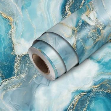 Imagem de HOMETITUTE Papel de parede de mármore de ágata azul-petróleo, descasque e cole com padrão de pedra azul, 38 x 44 cm, papel de contato autoadesivo removível para banheiro, cozinha, sala de estar