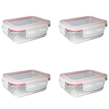 Imagem de 4 Potes De Vidro Diamond Retangular 370Ml Vermelho Hermético