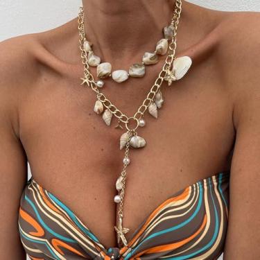 Imagem de Colares longos para mulheres, colar com pingente de corrente de ouro boho, joias em camadas, roupa de verão, presentes de praia, moda, concha, charme, estilo, longo, prata, pérola, cruz, colar