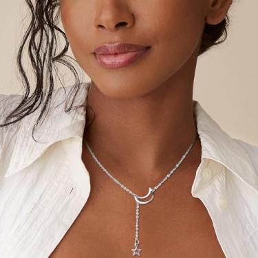 Imagem de Colar de aço inoxidável de ouro 18K, colar de lua e estrela ajustável, colar de lariat para mulheres - prata, 18 inches, Metal, Sem Pedra Preciosa