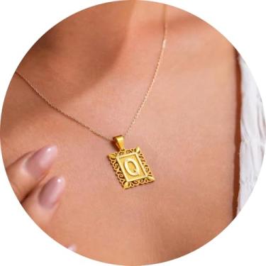 Imagem de Colar com letra inicial para mulheres, aço inoxidável banhado a ouro 18K, pingente retangular A–Z, corrente de 50,8 cm, 20in, Aço inoxidável, Sem Pedra Preciosa