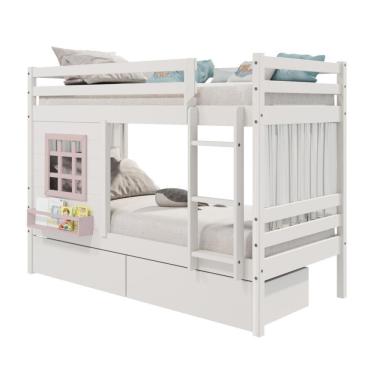 Imagem de Beliche Infantil Com Janela Gavetas E Cortina Madeira Maciça Branco/ Rosa Housin