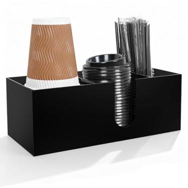 Imagem de Suporte de copo de café acrílico para bancada, 3 compartimentos, acessórios e organizador de café de acrílico, antiderrapante, impermeável, organizador de estação de café para canudo, preto