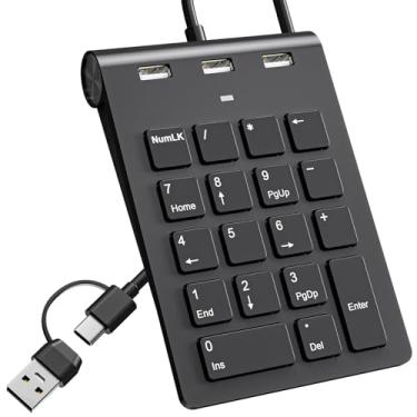 Imagem de Teclado numérico com fio USB C, teclado numérico USB com 3 portas USB 2.0, teclado numérico portátil com 18 teclas para laptop/desktop/superfície/iPad, teclado numérico USB para Windows/MacOS/Chrome