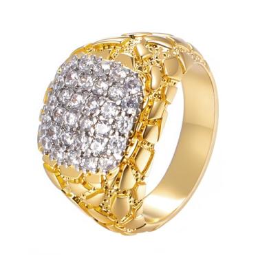 Imagem de Tioneer Joias | Anel de pepita de ouro com pedras de zircão branco de 5 x 2 mm | Anel de topo plano quadrado para homens e mulheres | Joias hip hop banhadas a ouro 14K e platina, 9, Zircônia cúbica