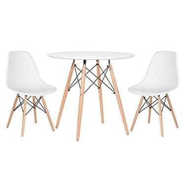 Imagem de Loft7, Kit Mesa Redonda Eames 80 cm Branco + 2 Cadeiras Eames DSW, Polipropileno, Aço e Madeira, Escritório, Sala de Estar e Sala de Jantar - Branco