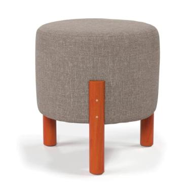 Imagem de Banqueta Baixa, Puff Redondo Tecido Linho Decorativo Pés Madeira Maciça Sala Quarto(Cinza)