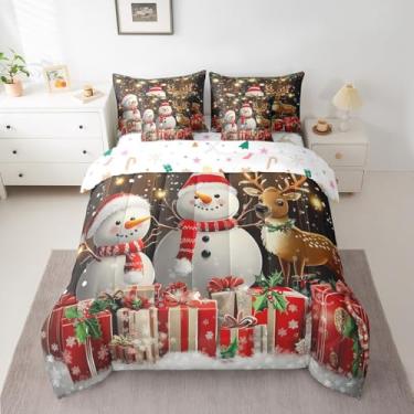 Imagem de Conjunto de edredom fofo de boneco de neve, tamanho Queen, conjunto de cama para crianças, desenho animado de alce de Natal (edredom + lençol de cima + 2 fronhas + 2 capas de travesseiro)